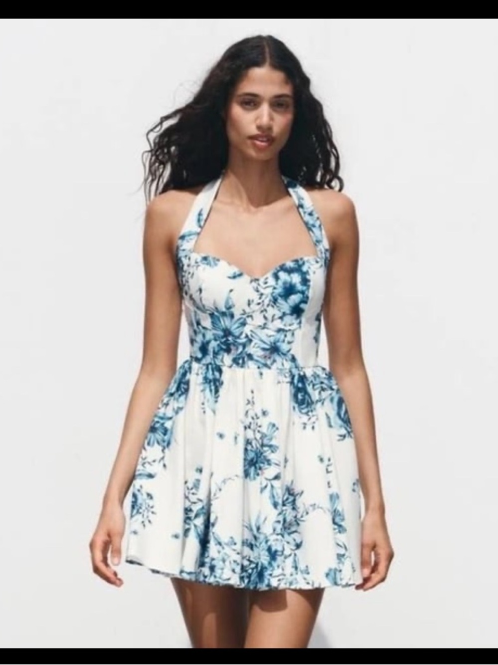 Zara White Halter Dress with Blue Floral Accents